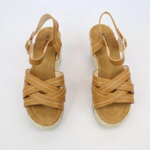 Cross strap wedge sandals with contrast stitch detail and slingback strap.