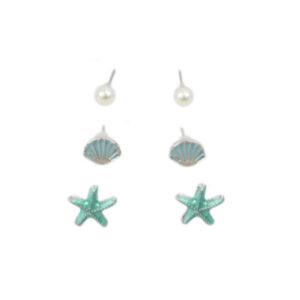 Silver beach themed stud earrings set with pearl detail