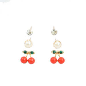 Gold cherry and pearl stud earrings set with crystal detail