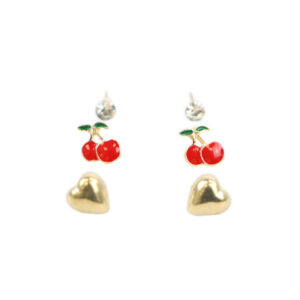 Gold heart and cherry stud earrings set with crystal detail