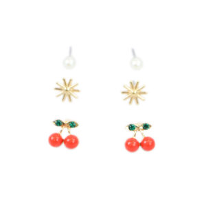 Gold cherry and sunburst stud earrings set with pearl detail