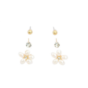 Gold pearl flower stud earrings set with crystal detail