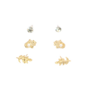 Crystal, gold leaf and pearl stud earrings set