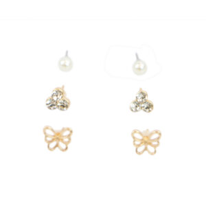 Pearl, gold butterfly and crystal stud earrings set