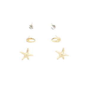 Gold starfish and stone stud earrings set with pearl detail
