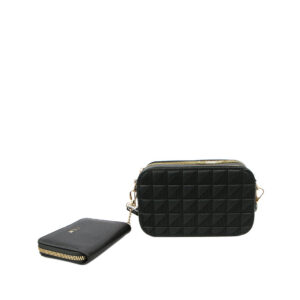 Textured geometric pattern zip around wallet with spacious interior compartments.
