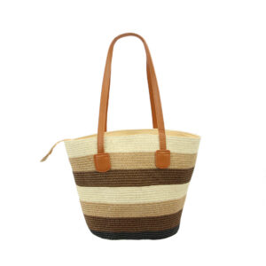 Women's woven beach tote bag with striped design and double shoulder handles.
