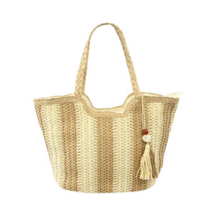Woven beach bag with braided handles and tassel charm, ideal for summer outings.