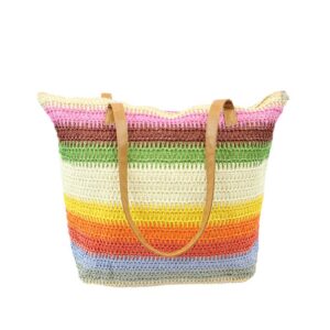 Large woven striped beach tote with double shoulder handles for summer outings and daily essentials.