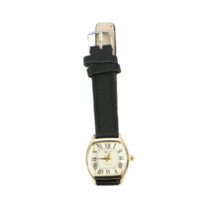 Classic analog wrist watch with Roman numeral dial and buckle strap design.