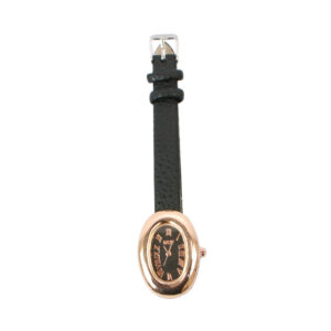 Elegant oval wrist watch with Roman numeral dial and textured strap for everyday wear.