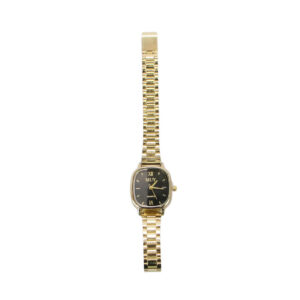 Square dial analog wrist watch with Roman numeral markers and metal link strap.