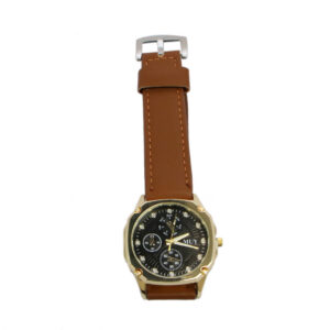 Classic mens watch with leather strap and clean dial design.