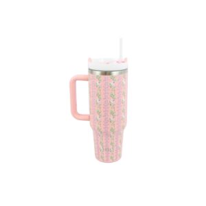 Stainless steel travel mug with handle, flip lid and floral print design for everyday use.