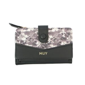Floral pattern flap wallet with snap button closure and zip coin pocket.