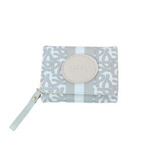 Patterned long wallet with flap closure and multiple card compartments.