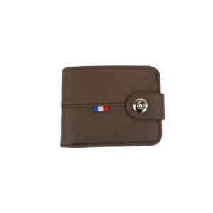 Textured bifold wallet with snap button tab closure and stitched panel detail.