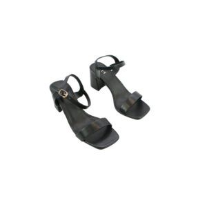 Strappy heel sandals with buckle ankle strap and square toe design.