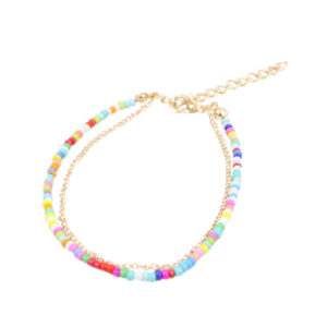 Double-layer rainbow bead anklet with gold chain