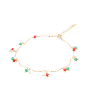 Gold anklet with red & green bead charms
