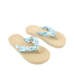 Flat sandals with rope-textured sole and fabric bow strap detail.