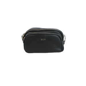 Compact crossbody bag with top zip closure and adjustable woven strap for everyday use.