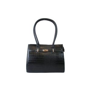 Elegant Croc Embossed Tote Bag with Gold Turn Lock Black