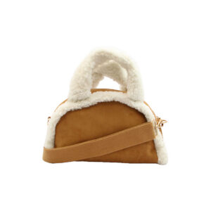 Chic handbag with faux shearling handle and zip closure.