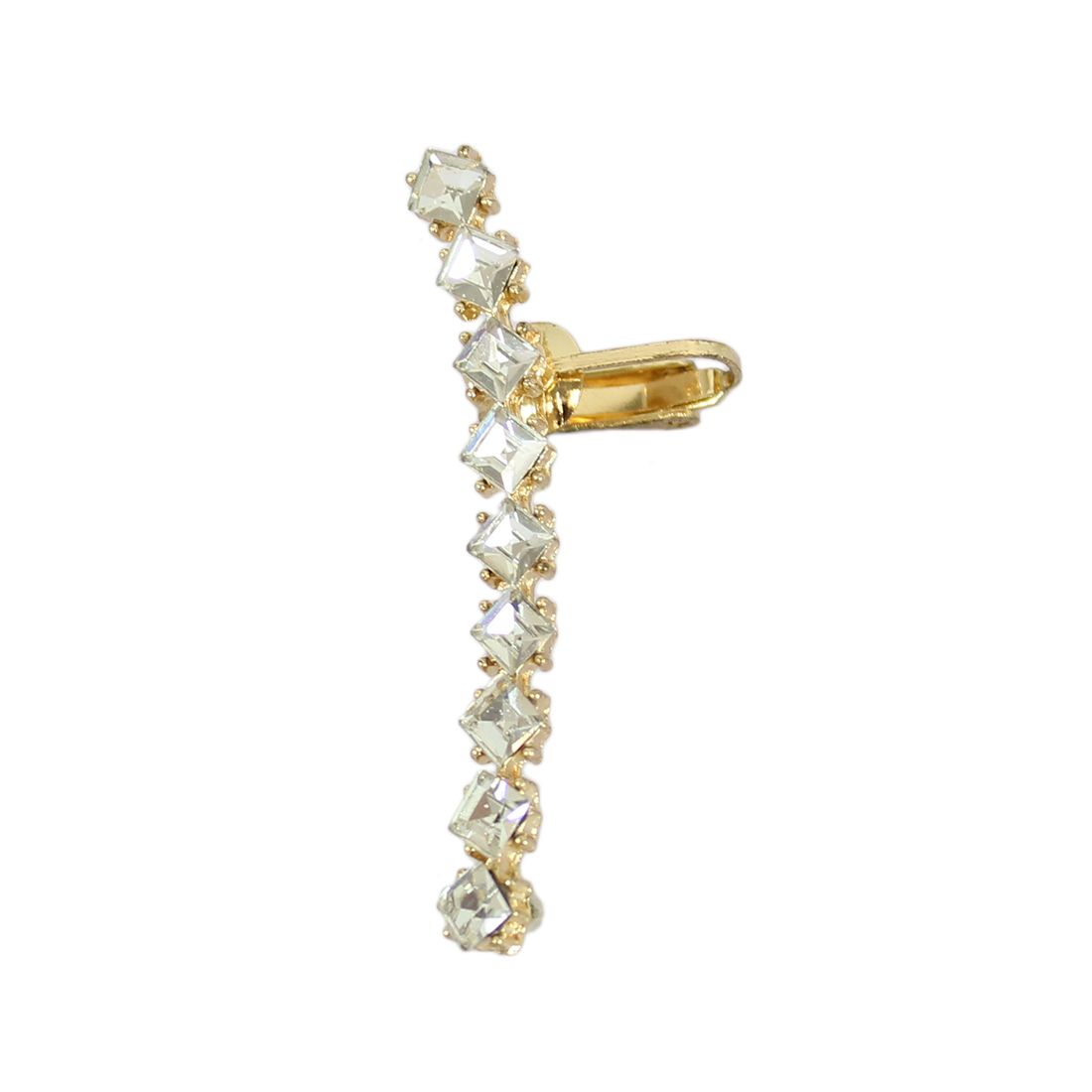 One long diamond earring.