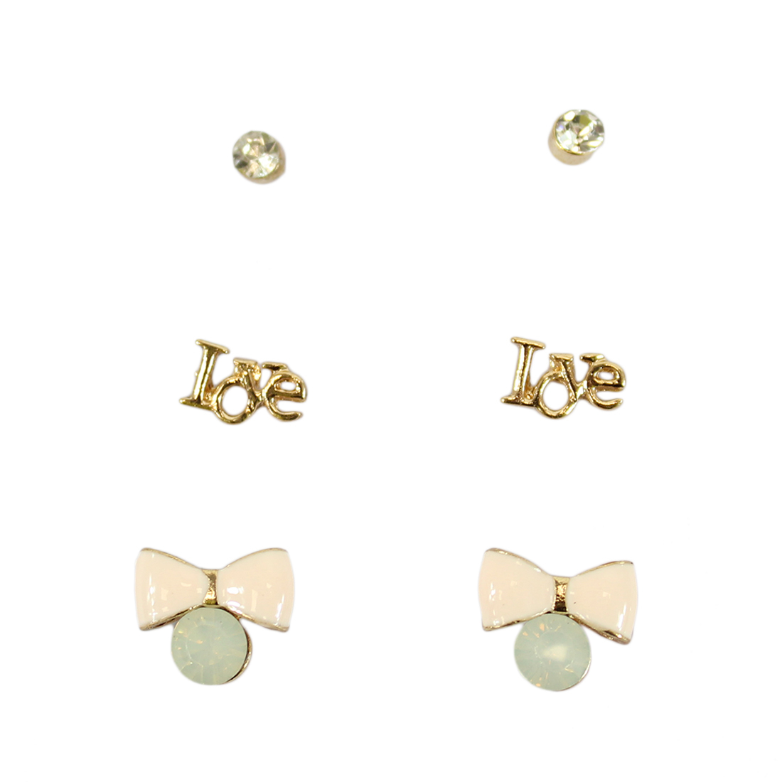 Set of three earrings with diamond, LOVE and bow