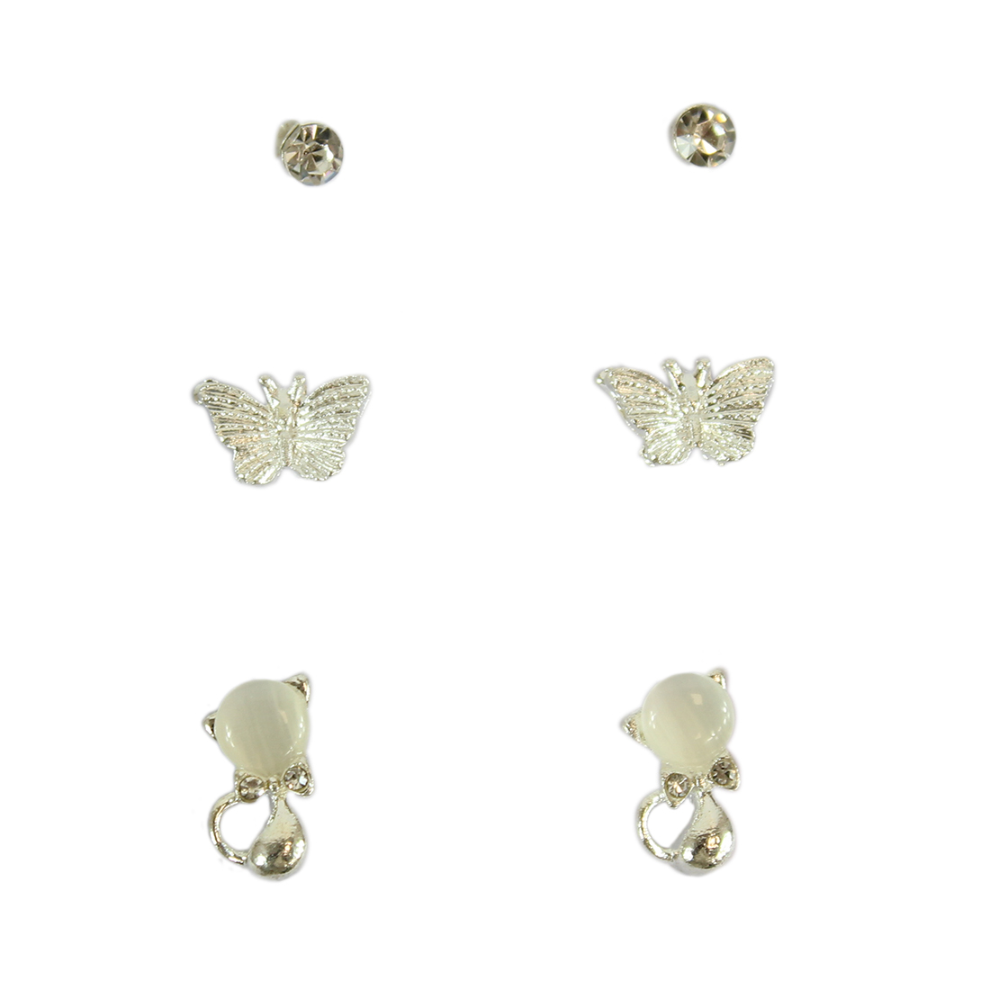 Set of three earrings with diamond and silver butterfly