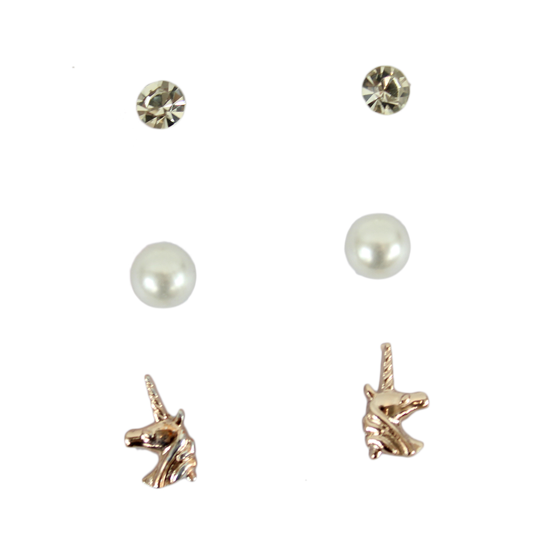 Set of three earrings with diamond, pearl and unicorn