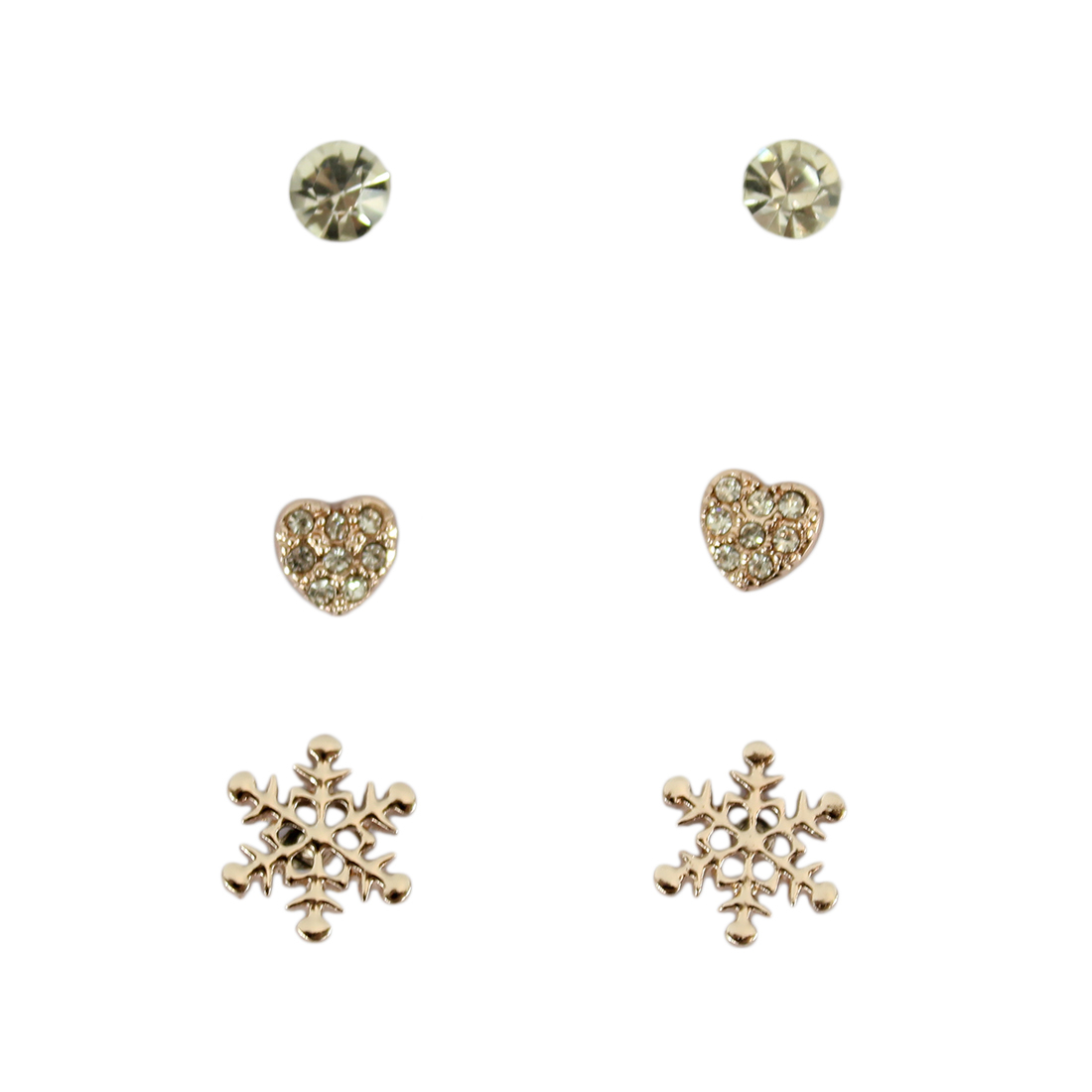 Set of three earrings with diamond, heart and snowflake