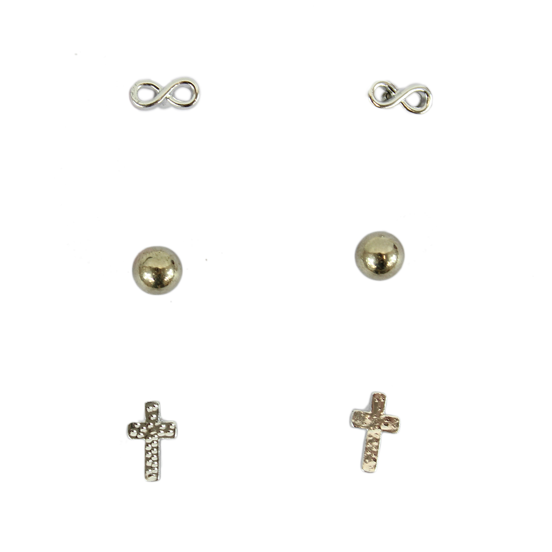 Set of three earrings with infinite sign, pearl and cross