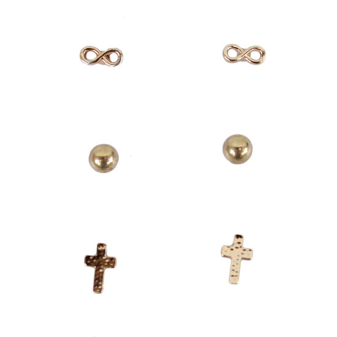 Set of three earrings with infinite sign, pearl and cross