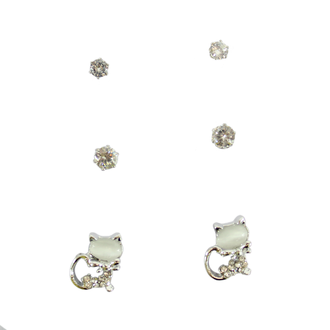 Set of three diamond earrings with cat