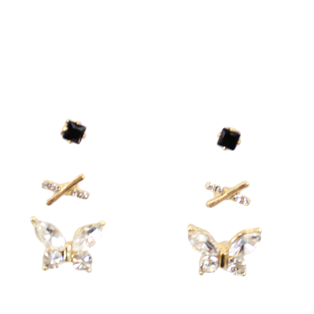 Three earrings set with butterfly, cross and diamond