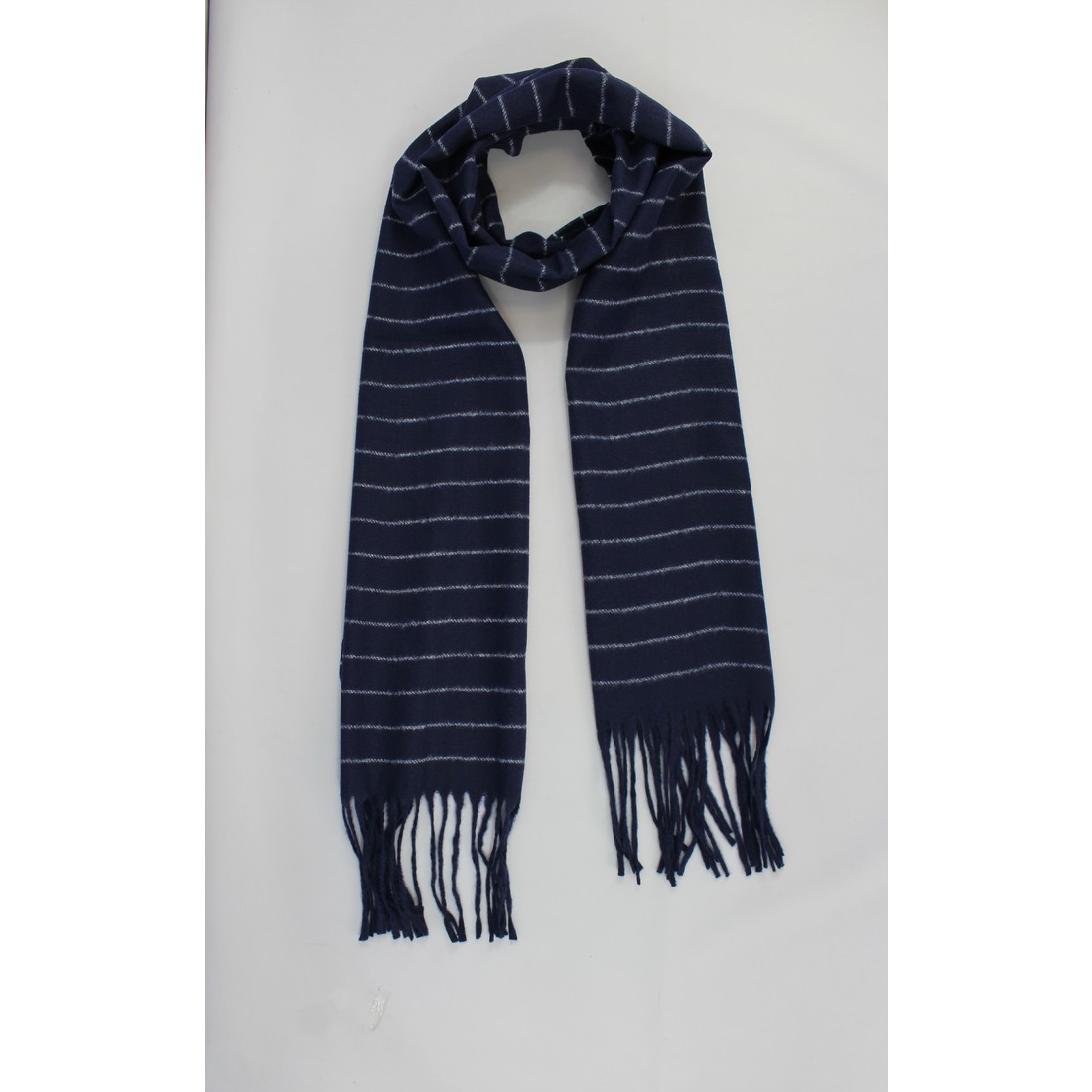 Blue fringed scarf with horizontal white stripes