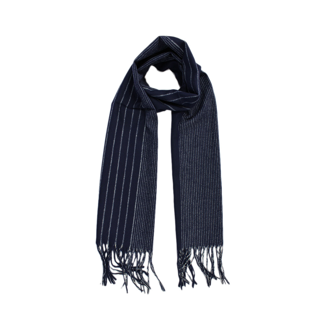 Blue fringed scarf with vertical white stripes