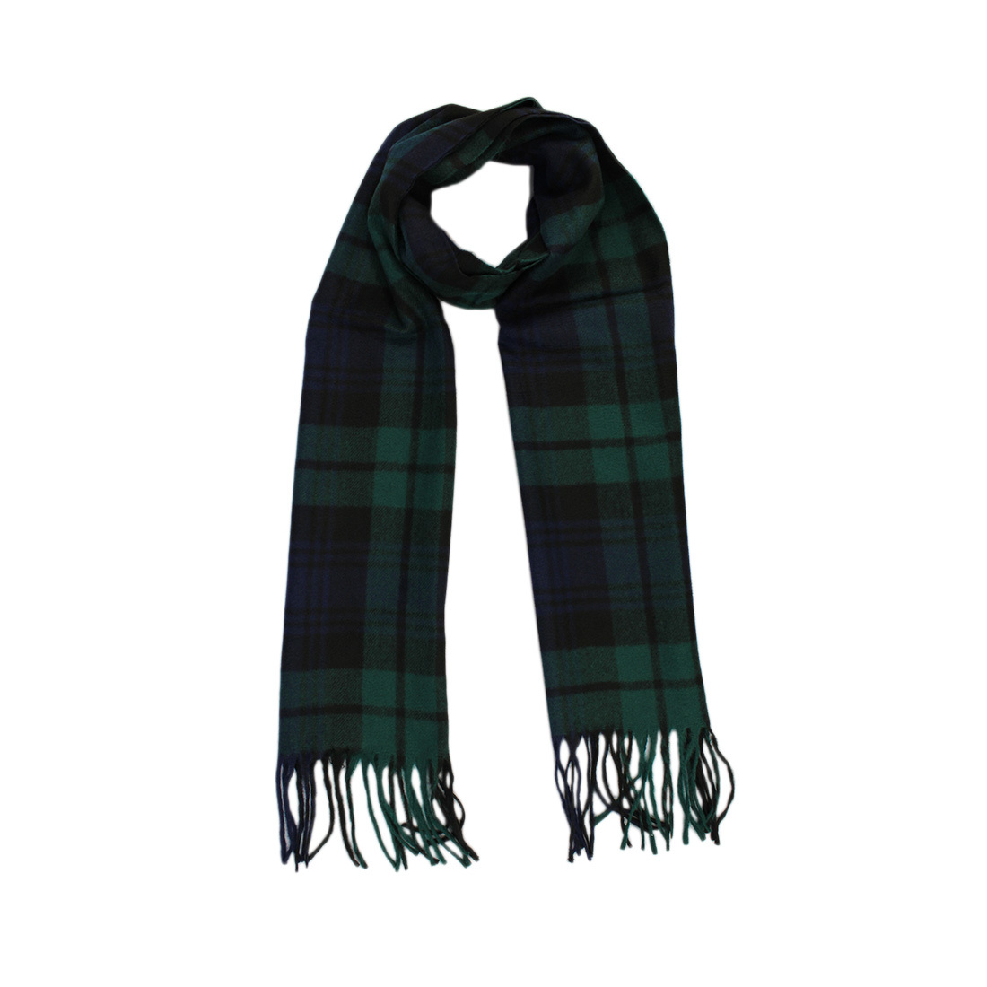 Scottish plaid in green black blue fringed scarf