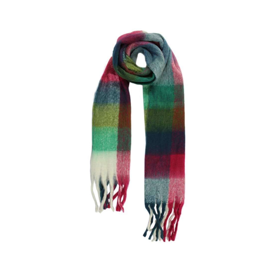 Magenta - greenish Oversized checked fringed scarf