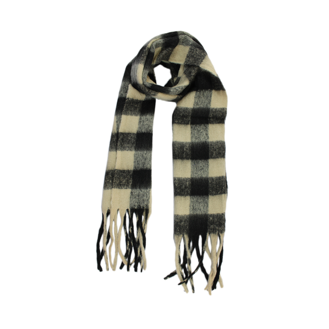 Oversized black - beige checked fringed scarf