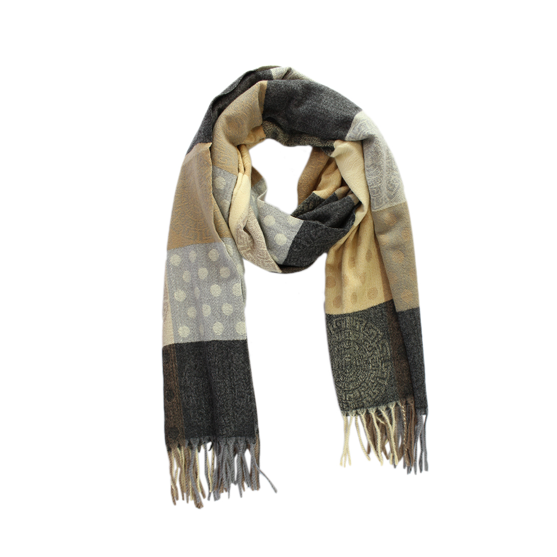 Geometric squares pattern with figures inside fringed scarf