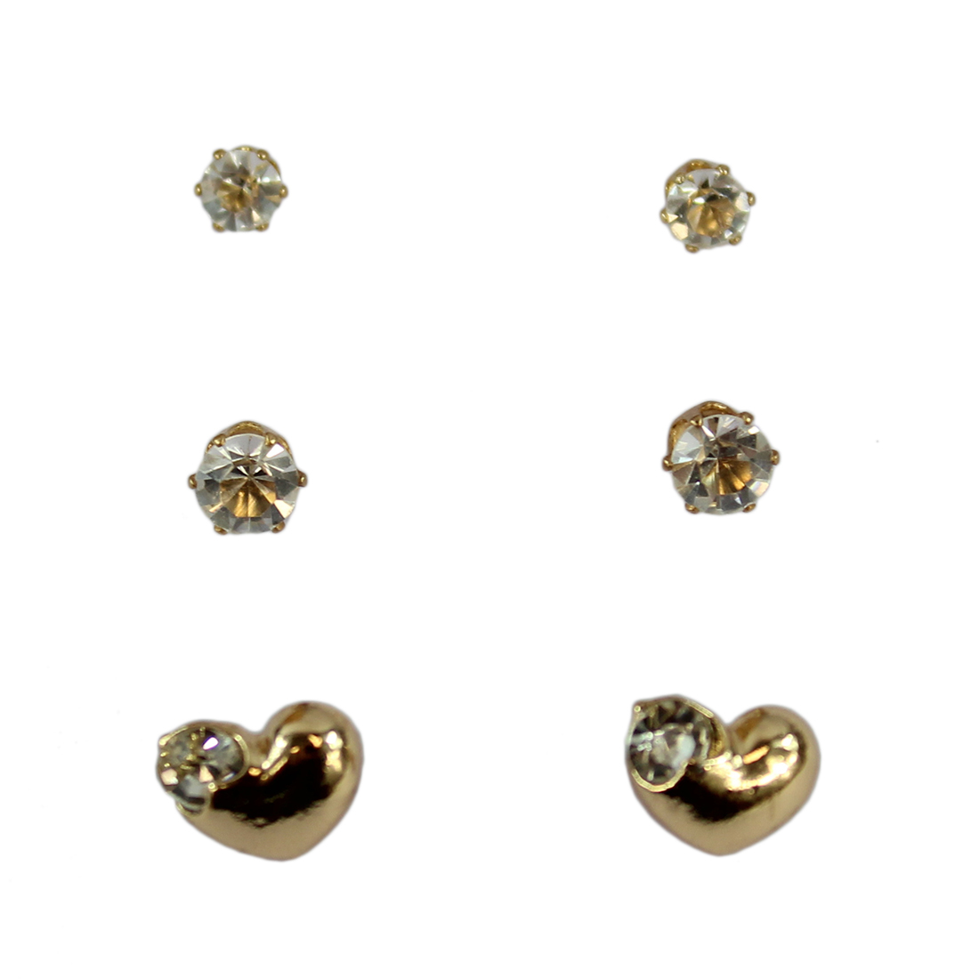 Set x3 Diamonds Stud and Golden Heart Earrings