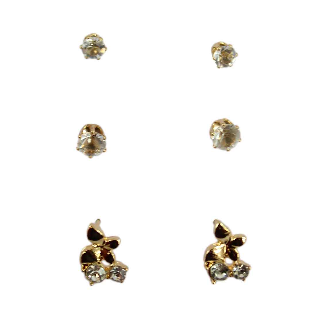 Set x3 Diamonds Stud and small Golden Butterfly with small Gemstones Earrings