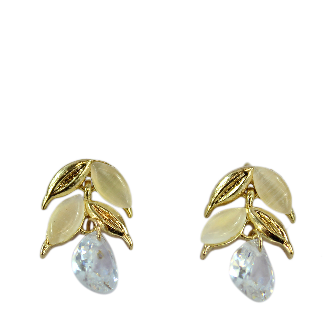 Golden and Crystal Leafs Stud Earrings with Gemstone Pendant