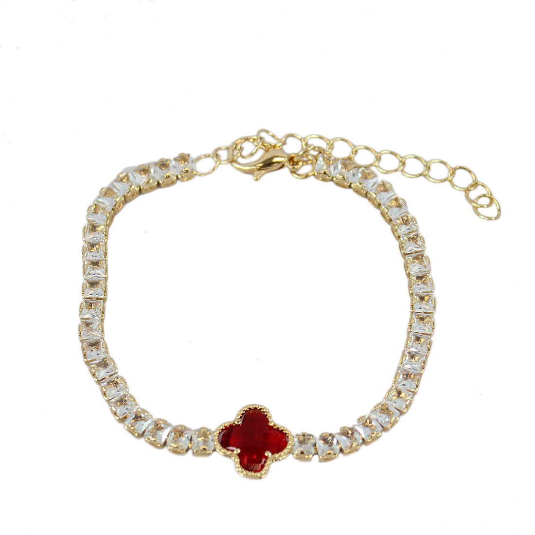 Gold chain with tiny jewel and red clover