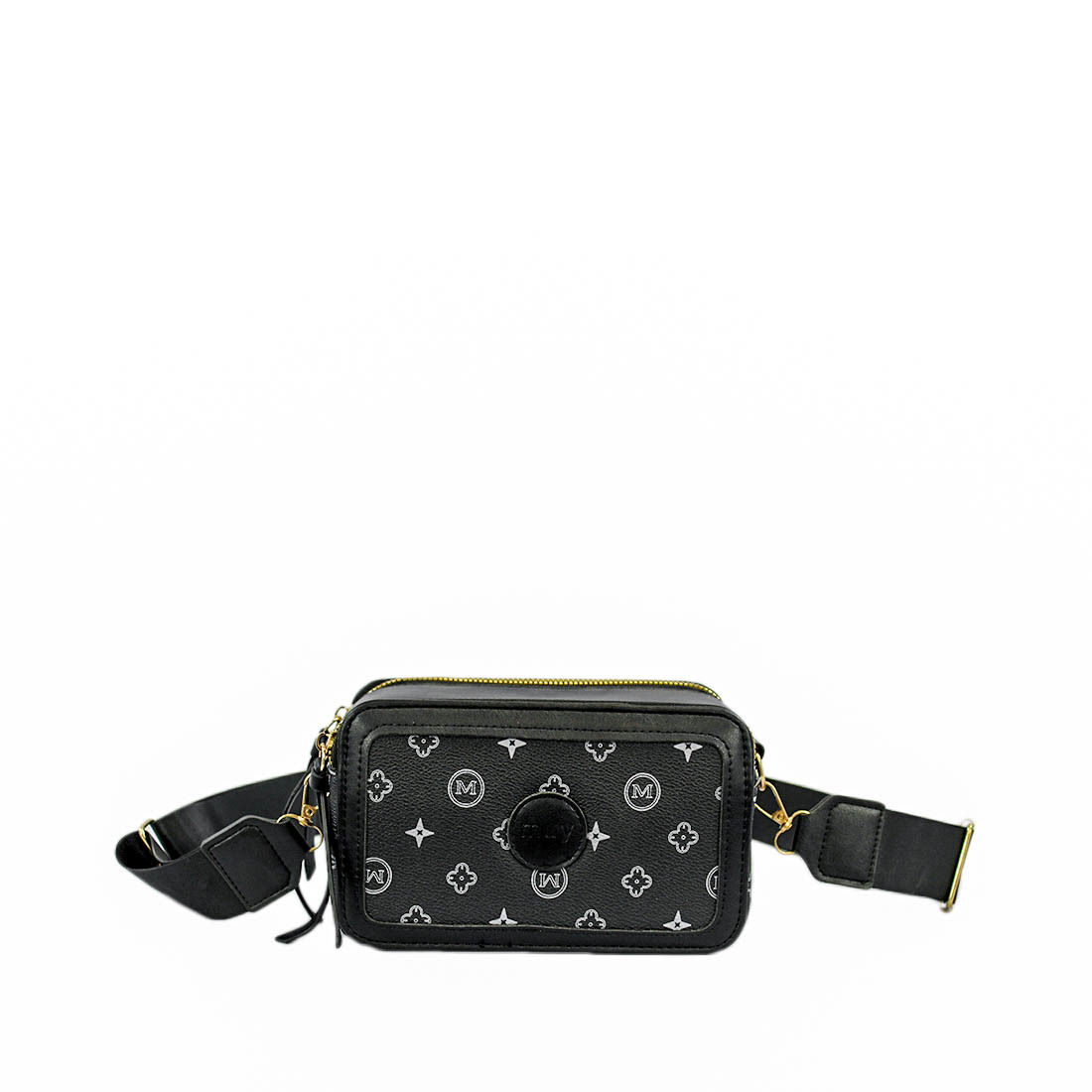 Monogram crossbody bag with dual zippers and structured design