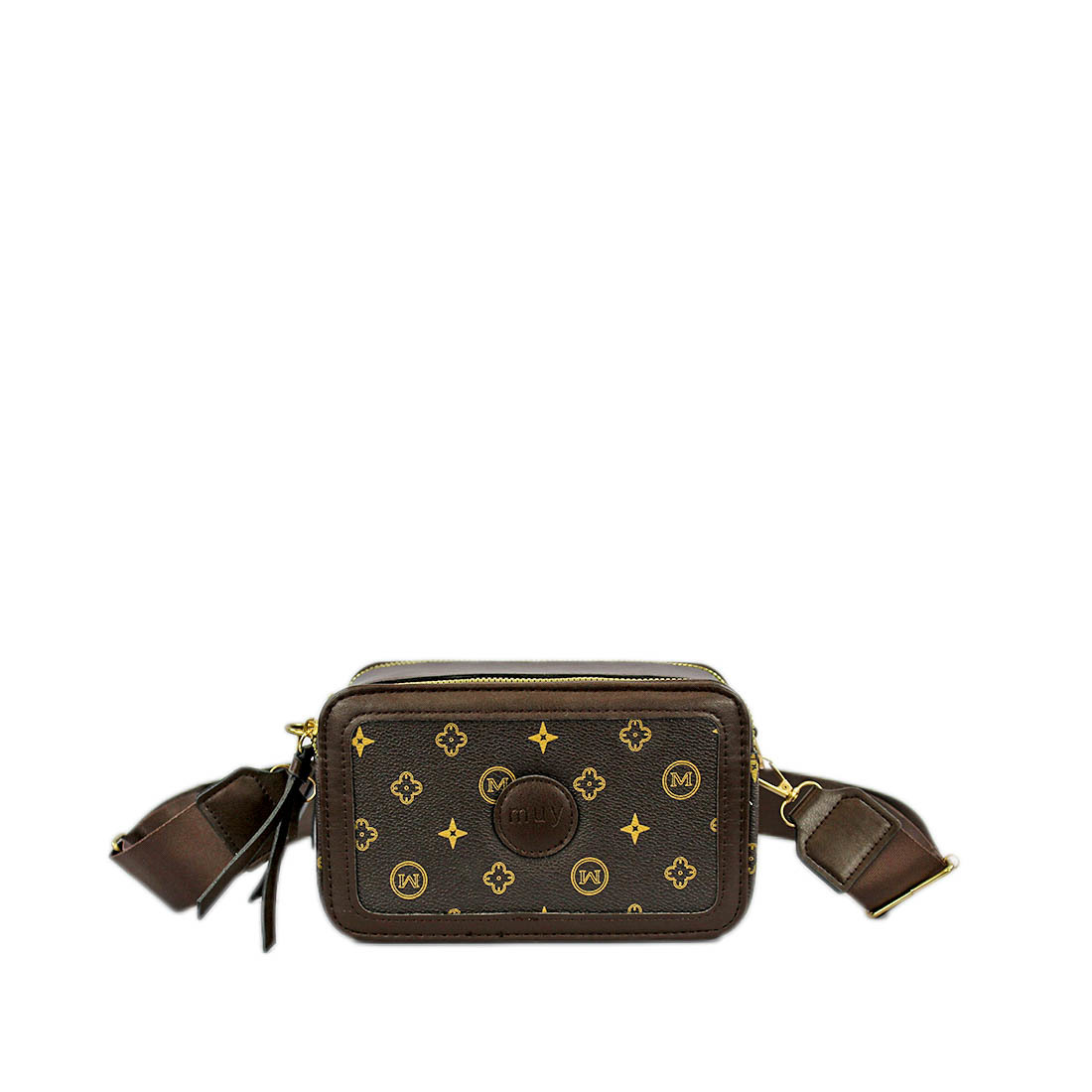 Monogram crossbody bag with dual zippers and structured design