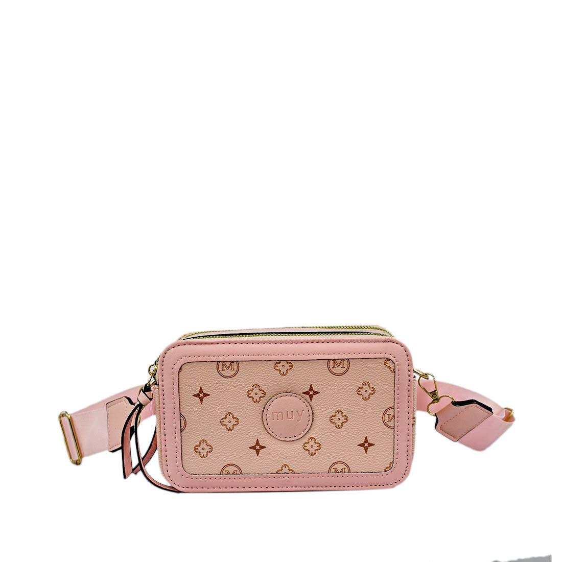 Monogram crossbody bag with dual zippers and structured design
